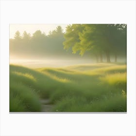 Green Meadow And Field With A Pathway Leading Toward Trees, Bathed In The Golden Light Of Sunrise With Fog Rolling In Canvas Print