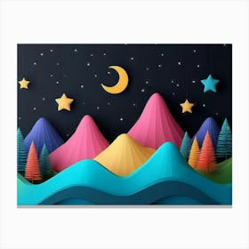 3d Modern Artwork Night Landscape, Colorful Mountains, Trees, Dark Black Background With Stars And Moon 1 Canvas Print