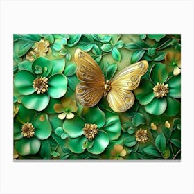 3d Art Abstract Floral Background with Green Flowers and Golden Butterfly 1 Canvas Print