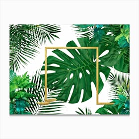 Tropical Leaves And Gold Frame Canvas Print