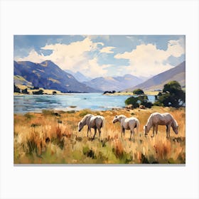 Horses Painting In Lake District, New Zealand, Landscape 1 Canvas Print