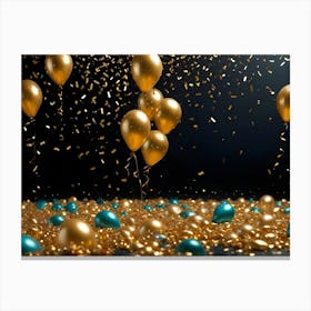 A Celebration Scene With Gold And Green Balloons Floating Against A Dark Background With Confetti Falling Canvas Print