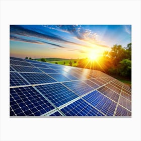 Solar Panels Arranged In Rows In A Field, With The Sun Setting Behind Them, Casting A Warm Glow On The Surrounding Landscape Canvas Print