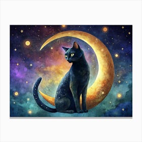 Black Cat Sitting On The Crescent Moon Canvas Print