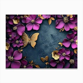 Purple Flowers With Gold Butterflies Canvas Print