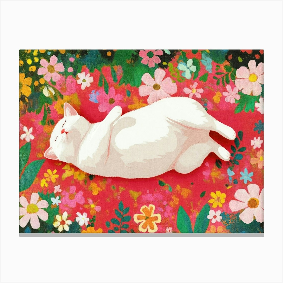 White Cat Sleeping On Colorful Flowers Painting Maximalist Decor Funny Bedroom Wall Art Canvas Print by StudioAlfi