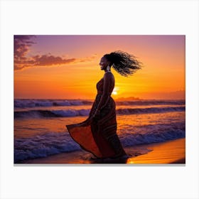 African Woman Radiant Smile Embracing The Warmth Of A Summer Sunset Silhouette Outlined Against T Canvas Print