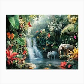 3d Jungle Scene With Exotic Animals Painting Canvas Print