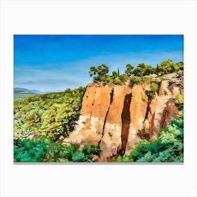 Ochres Land Majestic Cliffside Forest. This image showcases a stunning cliffside landscape adorned with lush green trees. The rocky formations exhibit a range of warm hues, from sandy yellows to deep reds, creating a striking contrast against the vibrant blue sky. The scene captures the beauty of nature's rugged terrain and the resilience of trees growing on steep, rocky surfaces. Canvas Print