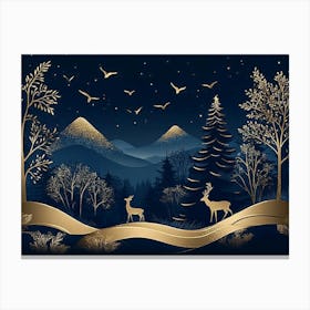 Christmas Night Landscape With Deer Canvas Print