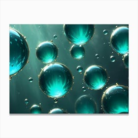 3d Render Of Teal And Gold Bubbles Floating Against A Dark Background With Beams Of Light, Resembling Underwater Magic Canvas Print