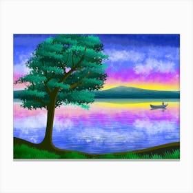 Landscape Nature Sky Clouds Lake Sea Water Fisherman Boat Tree Scenic Horizon Painting Art Silhouette Sun Brightness Colorful Twilight Canvas Print