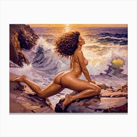 Sunbathing On A Rocky Beach Impasto Canvas Print