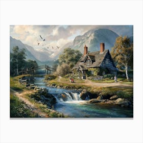 River Mountain with Cottage and Alps View #4 Canvas Print