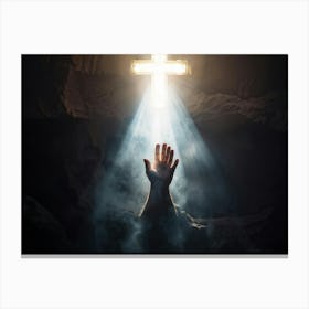 An Ultra Realistic Depiction Of A Hand Raised In A Gesture Of Prayer Emerging From Darkness Into A (4) Canvas Print