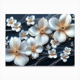 Sophisticated 3d Artwork Design, White and Blue Tones, Golden Jewelry, Floral Motifs Canvas Print