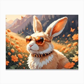 A Rabbit With Stylish Sunglasses And A Necklace Sits In A Field Of Orange Flowers With Mountains In The Background Canvas Print