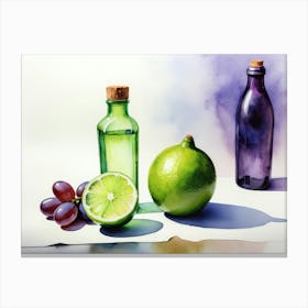 Lime and Grape near a bottle watercolor painting 1 Canvas Print