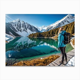 Woman trekking at snowy winter Alps, Rocky Mountains 6 Canvas Print