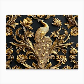 Elegant Leather Base Golden Floral Seamless Damask Flowers With Golden Peacocks Canvas Print