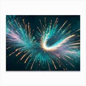 A Vibrant Burst Of Fireworks In The Night Sky, With Teal And Gold Colors Forming A Swirling Pattern Canvas Print