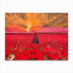 Man In Red Robe In Sea Of Red Against Red Sky Canvas Print