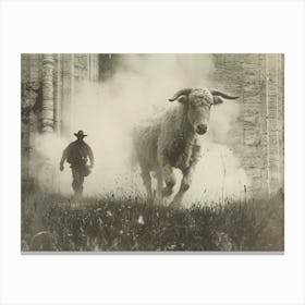Absurd Bestiary: From Minimalism to Political Satire. Cowboy And Sheep Canvas Print
