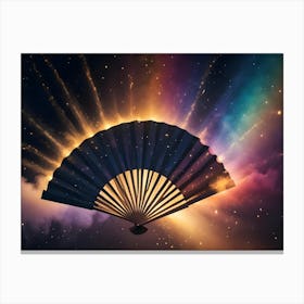 A Black Folding Fan With Gold Accents Is Positioned Against A Backdrop Of Swirling Colors, Stars, And Clouds, Creating A Mystical And Ethereal Scene Canvas Print