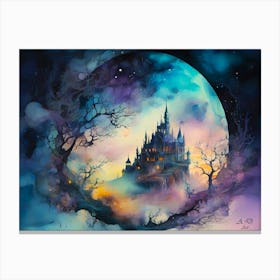 A Magic Castle on a Plateau at Moon Shine - Colorful Water Painting Canvas Print