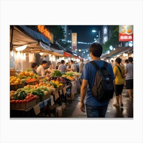 Aerial View Of A Crowded Night Market With Many Stalls Canvas Print