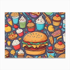 A Seamless Pattern Featuring Doodle Style Illustrations Of Various Foods, Including Burgers, Fries, Cupcakes, Ice Cream, Pizza, And More Canvas Print