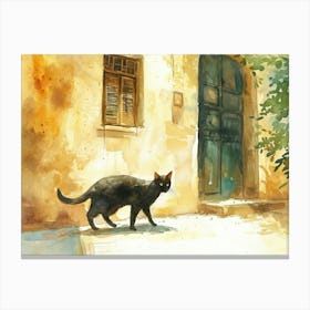Alexandria, Egypt   Black Cat In Street Art Watercolour Painting 1 Canvas Print
