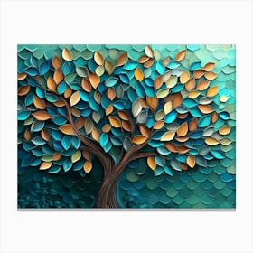 3d Tree Artwork with Swirling Turquoise, Blue, And Brown Leaves, Dynamic Green Hexagon Canvas Print