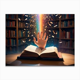 A Magical Scene Featuring An Open Book With A Hand Reaching Out From It Canvas Print