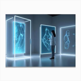 An Image Of A Woman In A White Blazer Standing In Front Of Three Large, Glowing Screens Canvas Print