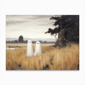 Cute Bedsheet Ghosts In Flower Landscape Vintage Style, Halloween Spooky Canvas Print