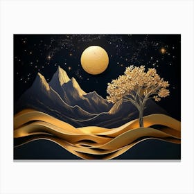 3d Modern Night Landscape with Dark Mountains, Dark Black Background with Stars Canvas Print