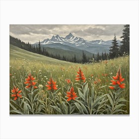 Vintage Oil Painting of indian Paintbrushes in a Meadow, Mountains in the Background 11 Canvas Print