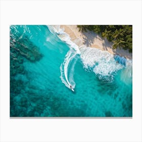 Aerial View Capturing A Single Surfer Carving Through The Azure Waves Silhouetted Against The Cryst (2) Canvas Print