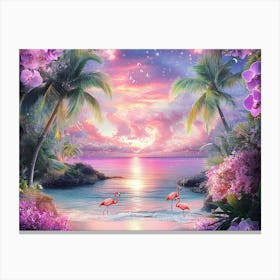 Beautiful Sea View From The Garden Of Orchids And Palm Trees Painting Canvas Print