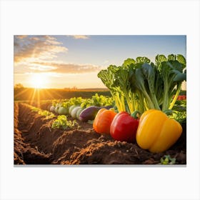 A Variety Of Fresh Vibrant Vegetables Sprouting From Rustic Soil Bathed In The Golden Hour Sunligh (5) Canvas Print