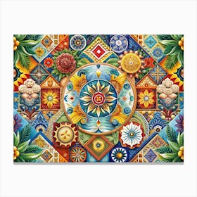 Colorful Mosaic Pattern With Geometric Shapes And Flowers Canvas Print