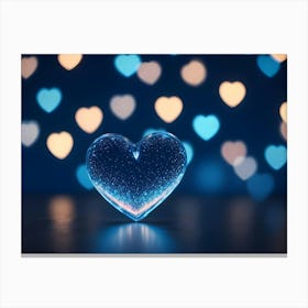 An Abstract Image Featuring A Glowing Blue Heart With Sparkle Effects Against A Dark Blue Background With Blurred Out Of Focus Blue And White Hearts Canvas Print