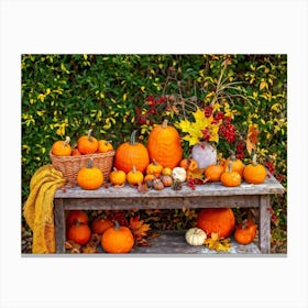 Autumnal Still Life Composition Featuring A Wooden Table Set In A Rustic Garden During The Golden Ho (5) Canvas Print