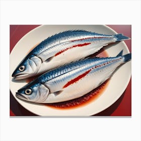 Two Realistic Looking Fish On A White Plate With Fake Blood Canvas Print