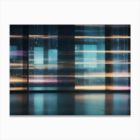 An Empty Room With Large Windows Showcasing A City At Night, Blurred And Shimmering With Lights Canvas Print