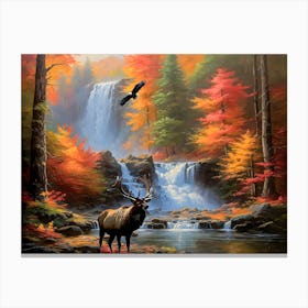 Elk And Waterfall - Ai Canvas Print