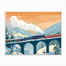 Vintage Winter Travel Poster Themed Digital Painting Featuring A Steam Train Its Chimney Releasing (1) Canvas Print