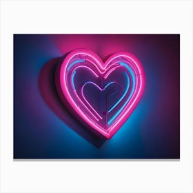 A Neon Heart Made Of Three Pink And Blue Glowing Lines On A Dark Blue Background Canvas Print