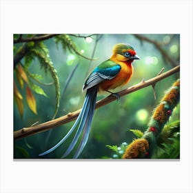 Colorful Bird With Long Tail On A Branch Canvas Print